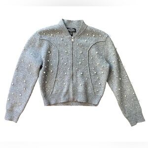 Oliver O Wool Beaded Pearl Zip Melange Gray Ribbed Womens Medium Sweater